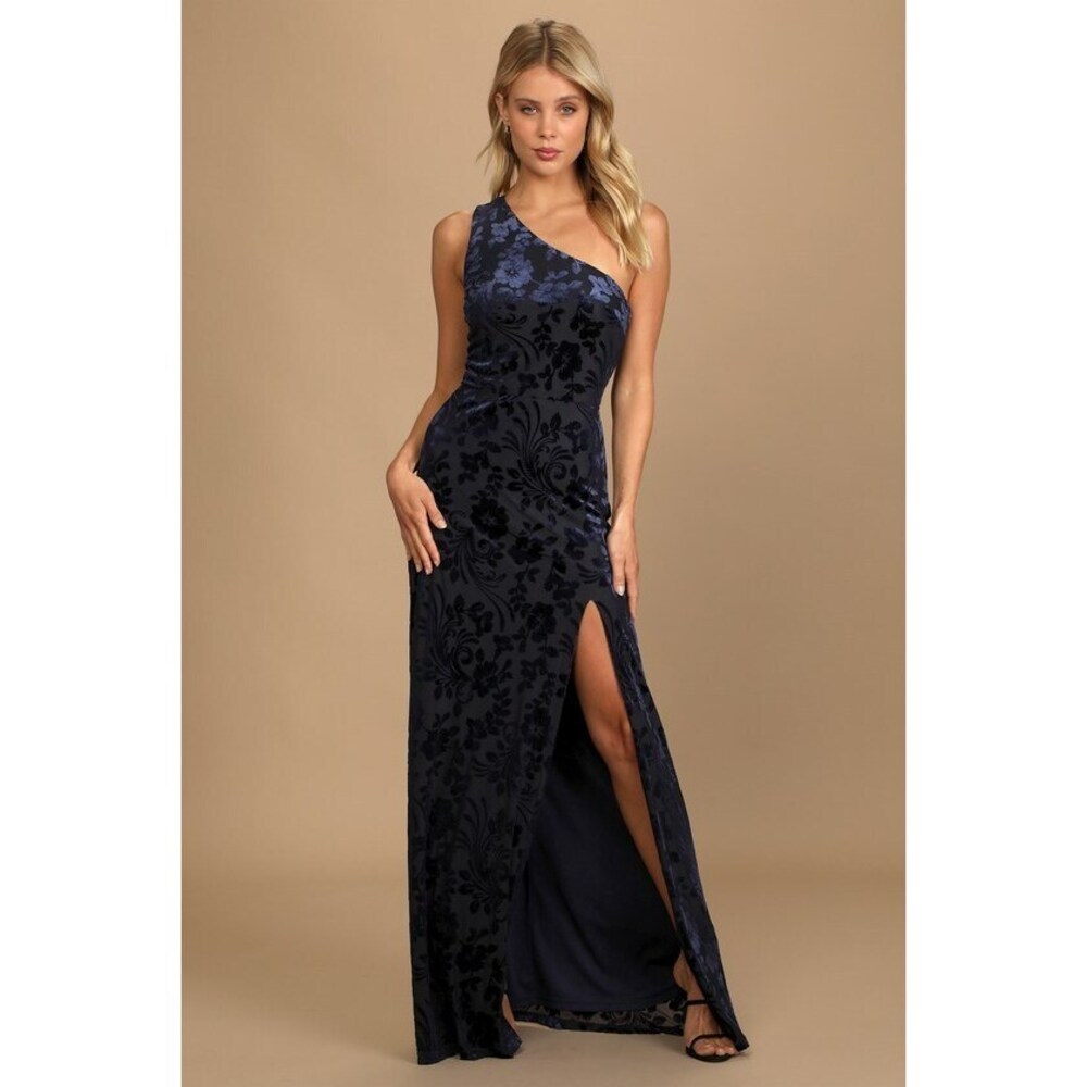 Lulus Marvelous Moi Navy Blue Burnout Velvet One-shoulder Maxi Dress - Size M